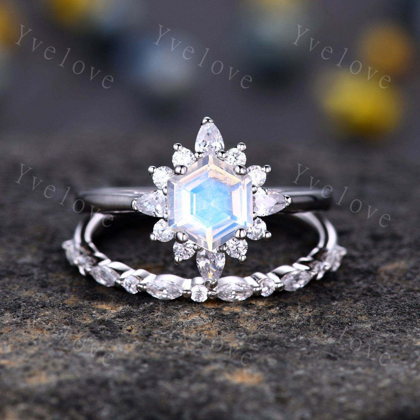 Unique Moonstone Engagement Ring Set,hexagon Moonstone ring,Retro Moissanite Band,Sterling silver Ring,Women Matching Band,Promise Ring Gift
