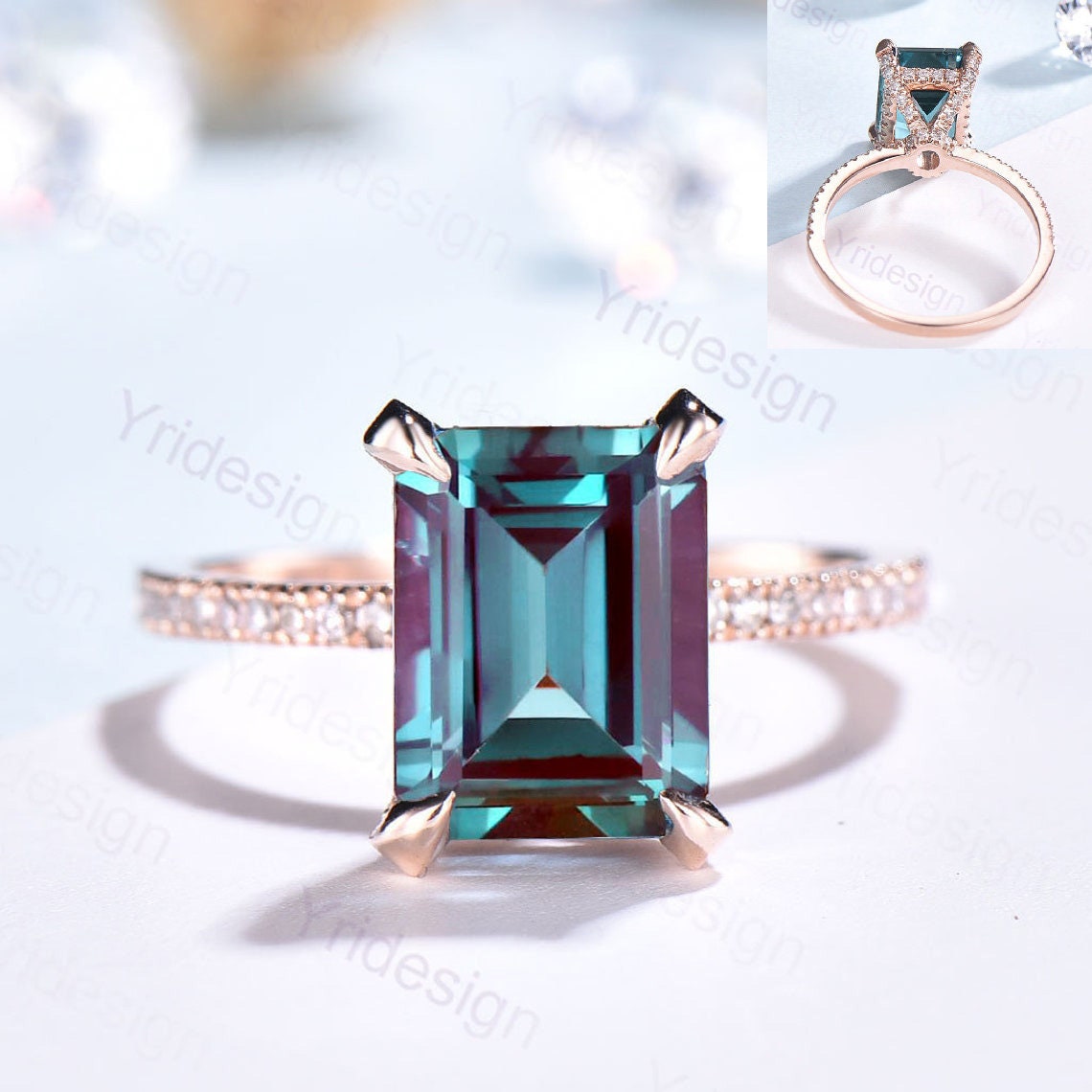 6CT Emerald Cut Alexandrite Ring 14K Rose Gold Engagement Ring Hidden Halo Moissanite Elegant Anniversary Ring For Women Basket Ball set