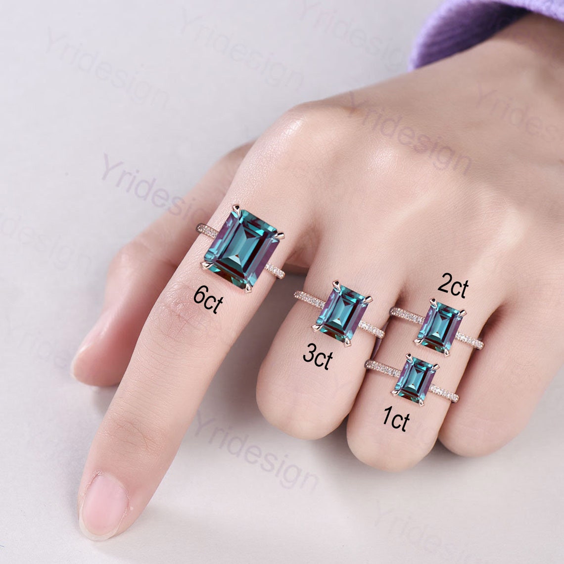 6CT Emerald Cut Alexandrite Ring 14K Rose Gold Engagement Ring Hidden Halo Moissanite Elegant Anniversary Ring For Women Basket Ball set