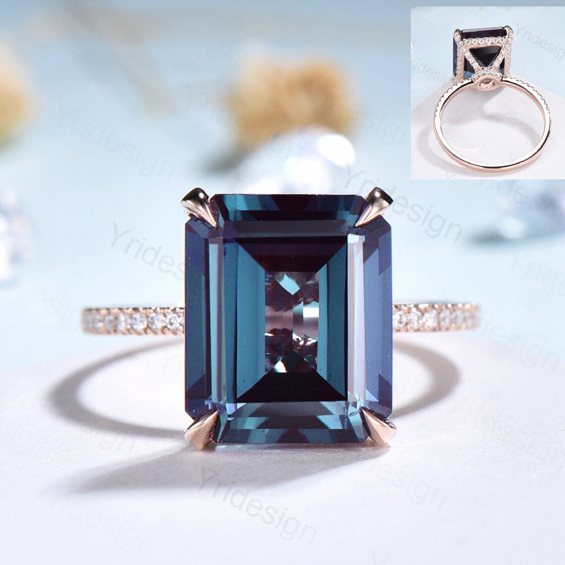 6CT Emerald Cut Alexandrite Ring 14K Rose Gold Engagement Ring Hidden Halo Moissanite Elegant Anniversary Ring For Women Basket Ball set