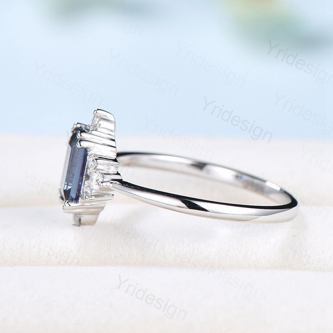 Elegant Emerald Cut Alexandrite Engagement Ring 14K White Gold Unique Vintage Alexandrite Moissanite Wedding Ring For Women June Birthstone