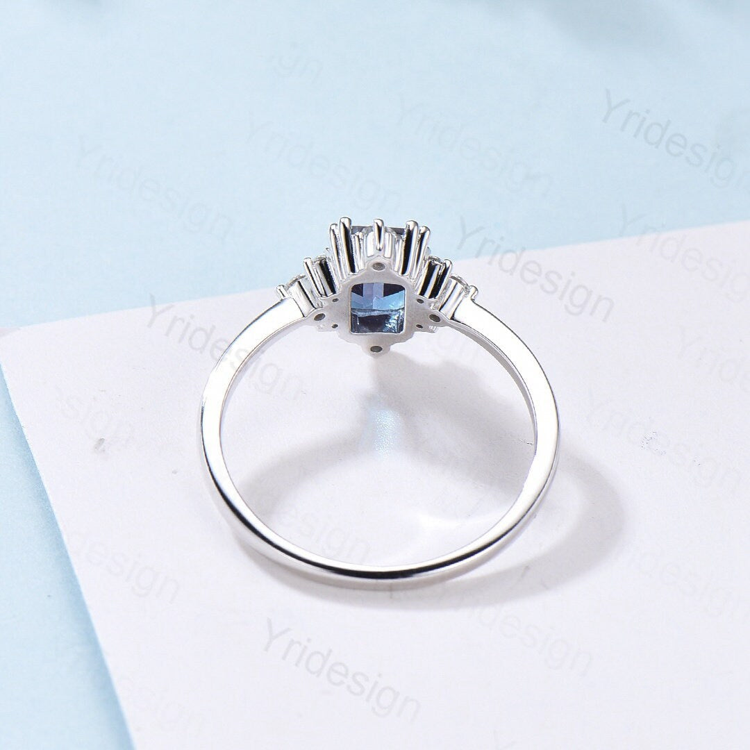 Elegant Emerald Cut Alexandrite Engagement Ring 14K White Gold Unique Vintage Alexandrite Moissanite Wedding Ring For Women June Birthstone