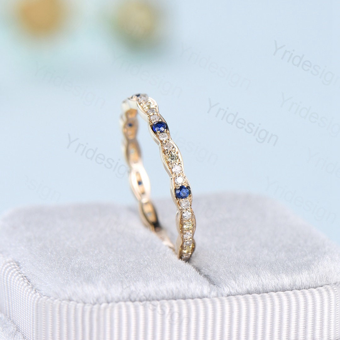 Sapphire peridot diamond wedding ring band solid 14K 18k yellow gold full eternity diamond stacking matching band art deco engagement  ring