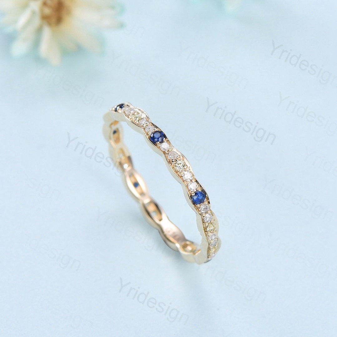 Sapphire peridot diamond wedding ring band solid 14K 18k yellow gold full eternity diamond stacking matching band art deco engagement  ring