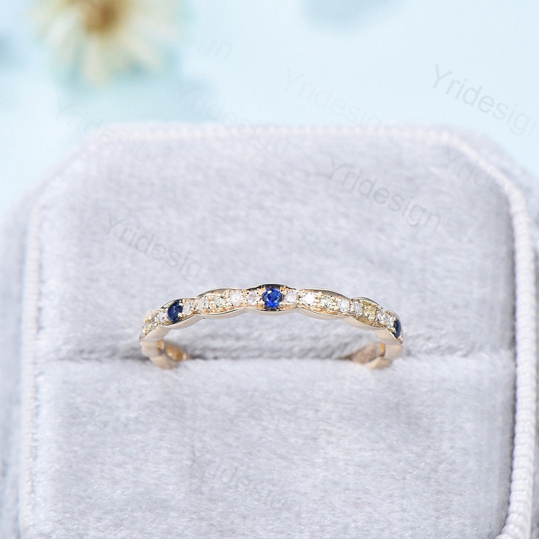 Sapphire peridot diamond wedding ring band solid 14K 18k yellow gold full eternity diamond stacking matching band art deco engagement  ring
