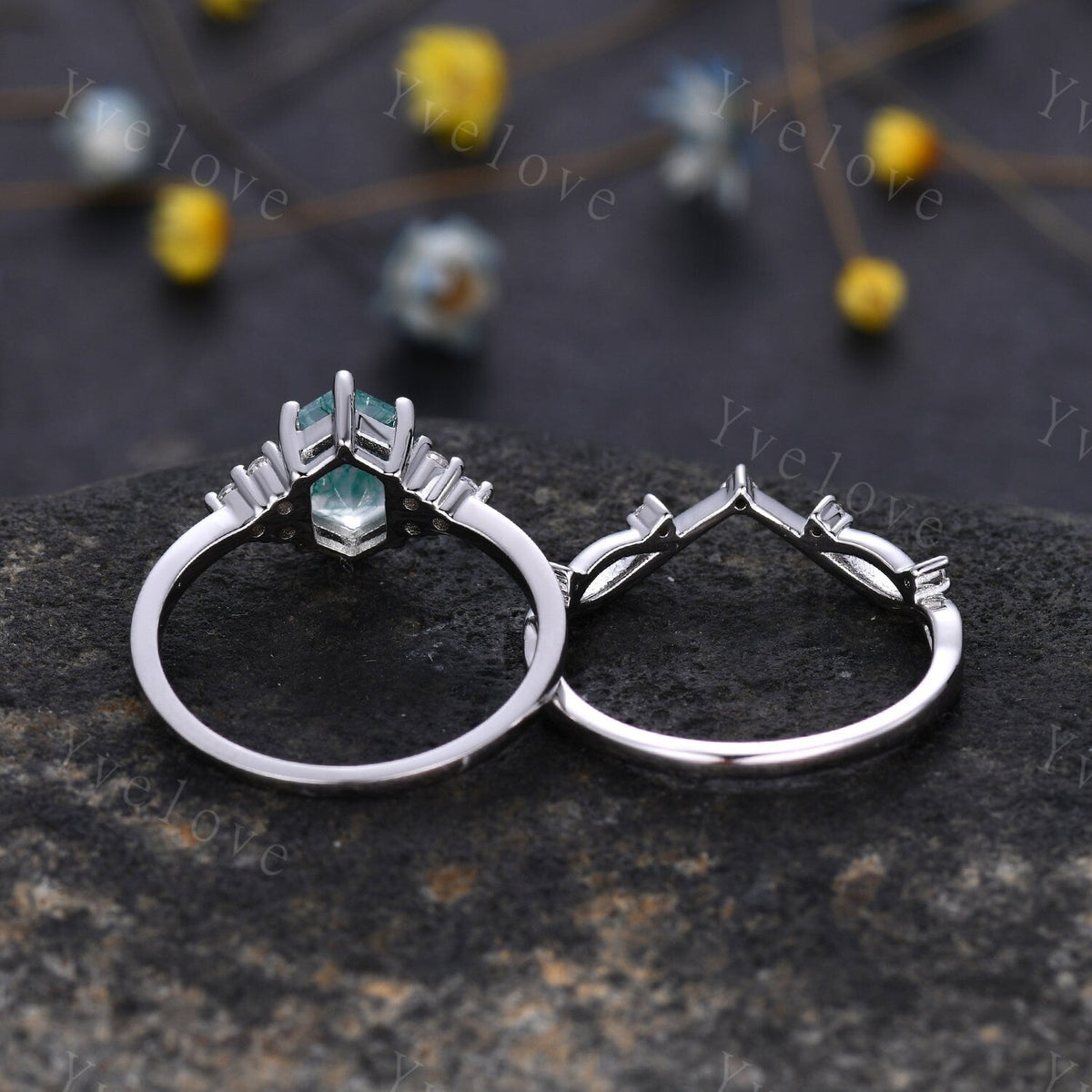 Retro Long hexagon Moss Agate Ring,Vintage Sterling Silver Ring Set,Unique Agate Engagement Ring,Promise Ring,Anniversary Ring Gift For Her