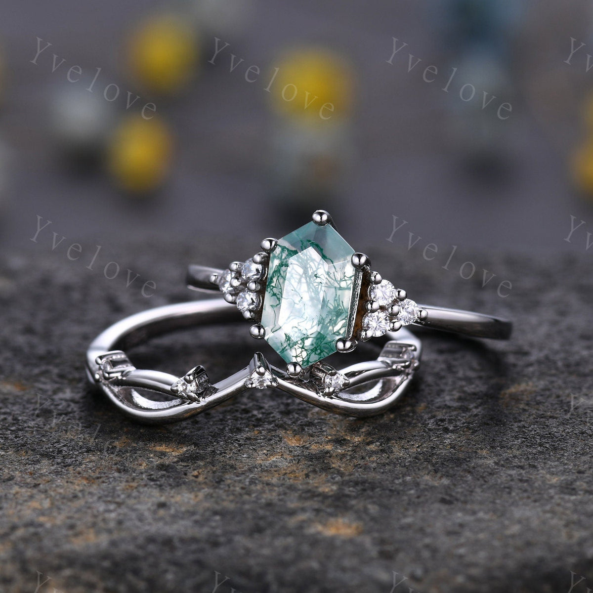 Retro Long hexagon Moss Agate Ring,Vintage Sterling Silver Ring Set,Unique Agate Engagement Ring,Promise Ring,Anniversary Ring Gift For Her