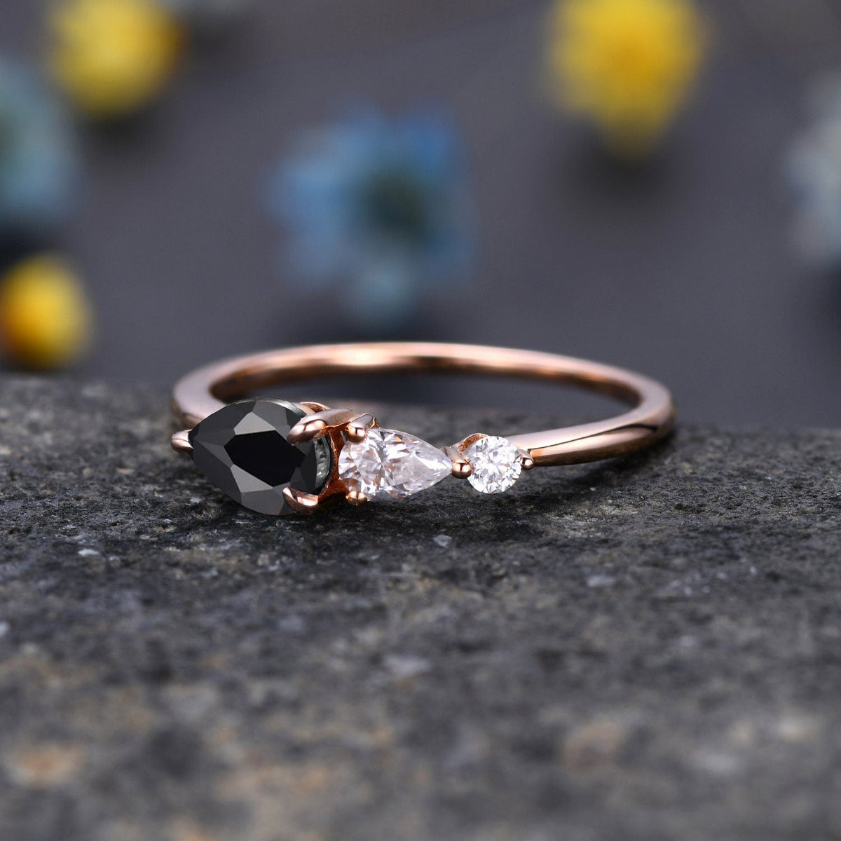 Vintage Black Onyx Engagement Ring,Pear Cut Gems,Art Deco Moissanite Wedding Band,3 Stone Unique Women Bridal Promise Ring Gift,Rose gold