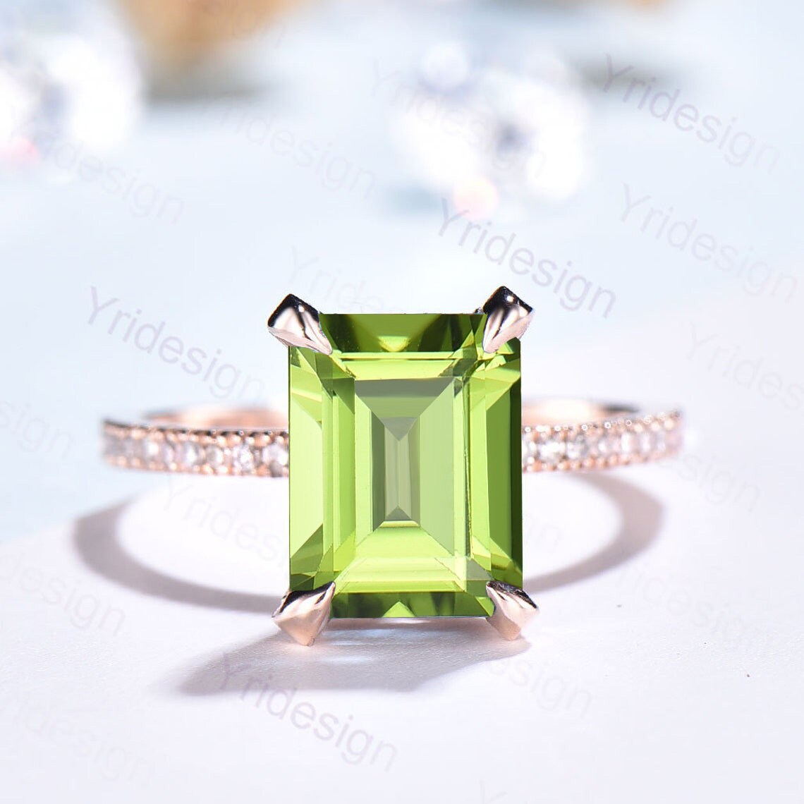 Vintage Emerald Cut Peridot Engagement Ring Set Hidden Halo Basket 3CT Peridot Eternity Bridal Ring Women Rose Gold Anniversary Wedding Set