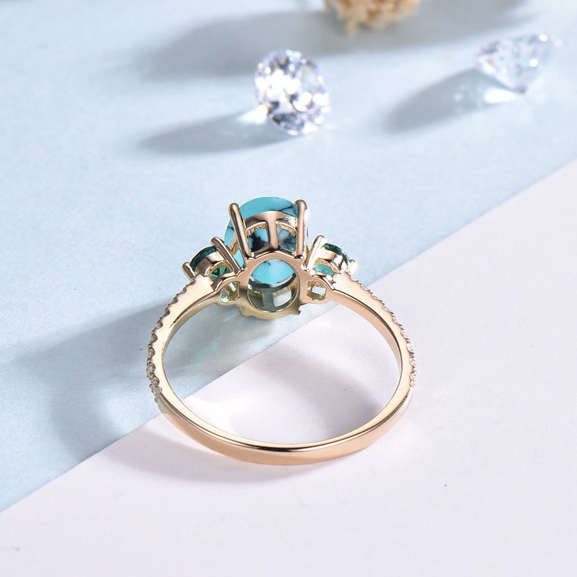 Oval Turquoise Engagement Ring, Emerald Diamond Three Stone Bridal Ring