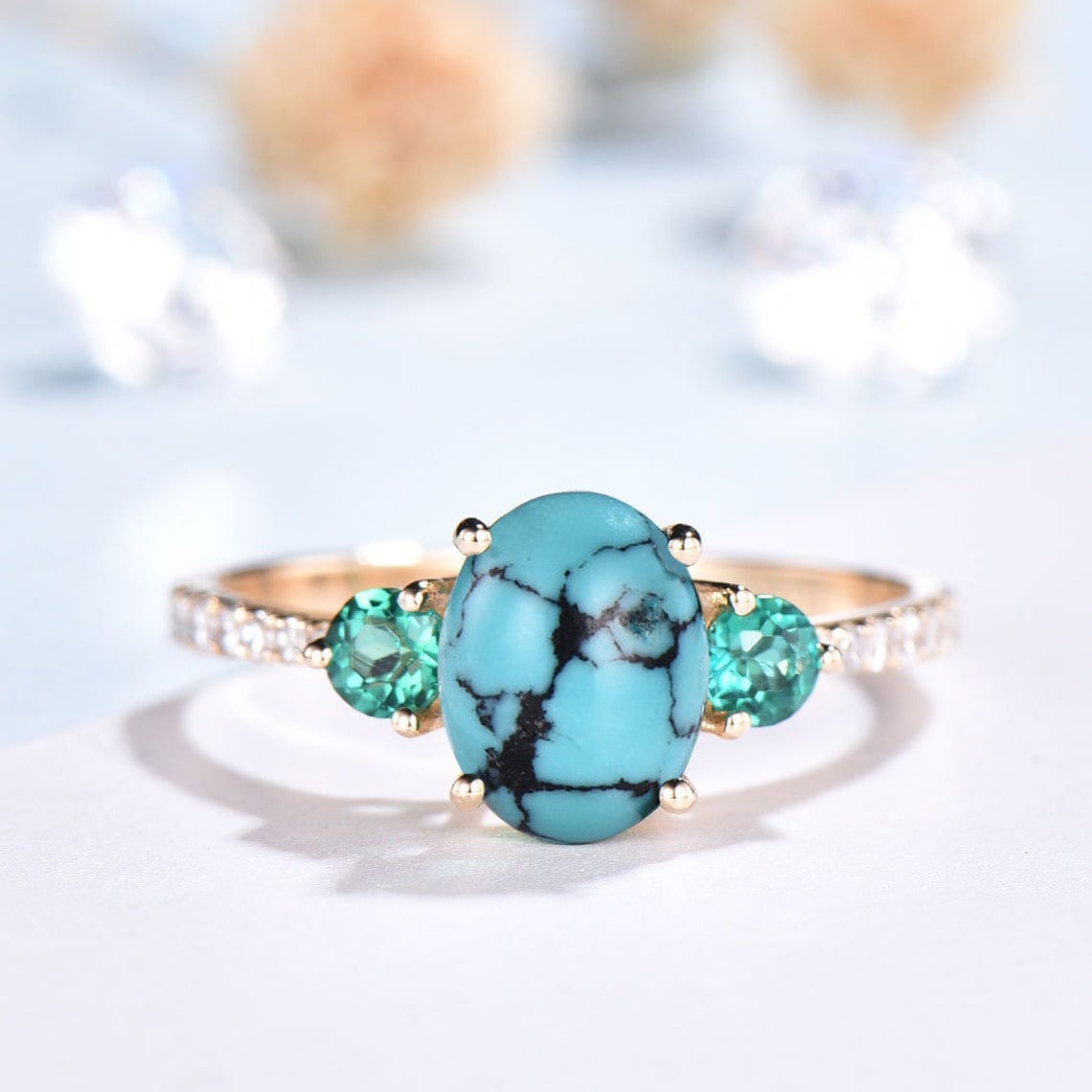 Oval Turquoise Engagement Ring, Emerald Diamond Three Stone Bridal Ring