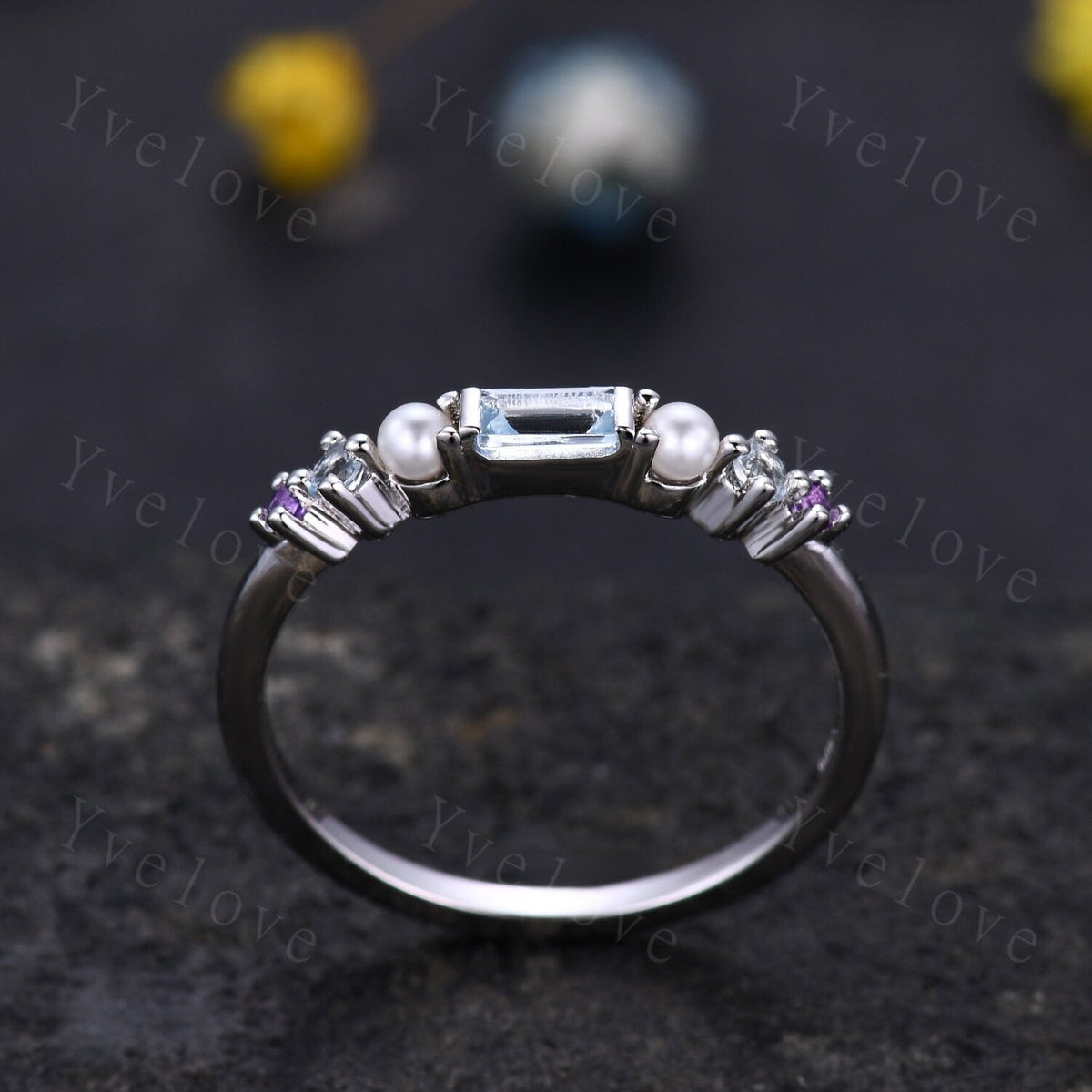 Danity Baguette aquamarine band minimalist ring natural pearl amethyst wedding band women stacking matching band white gold custom ring gift