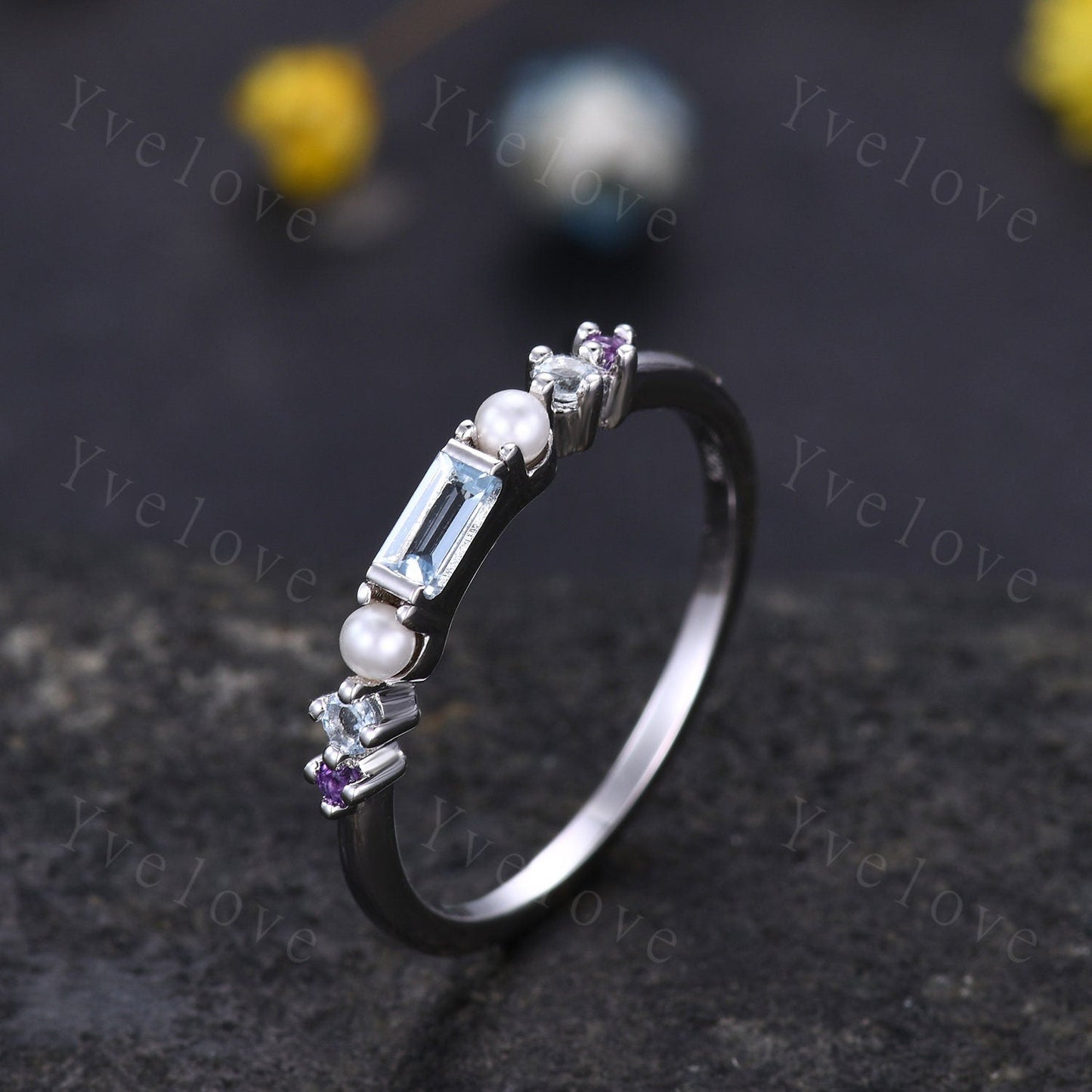 Danity Baguette aquamarine band minimalist ring natural pearl amethyst wedding band women stacking matching band white gold custom ring gift