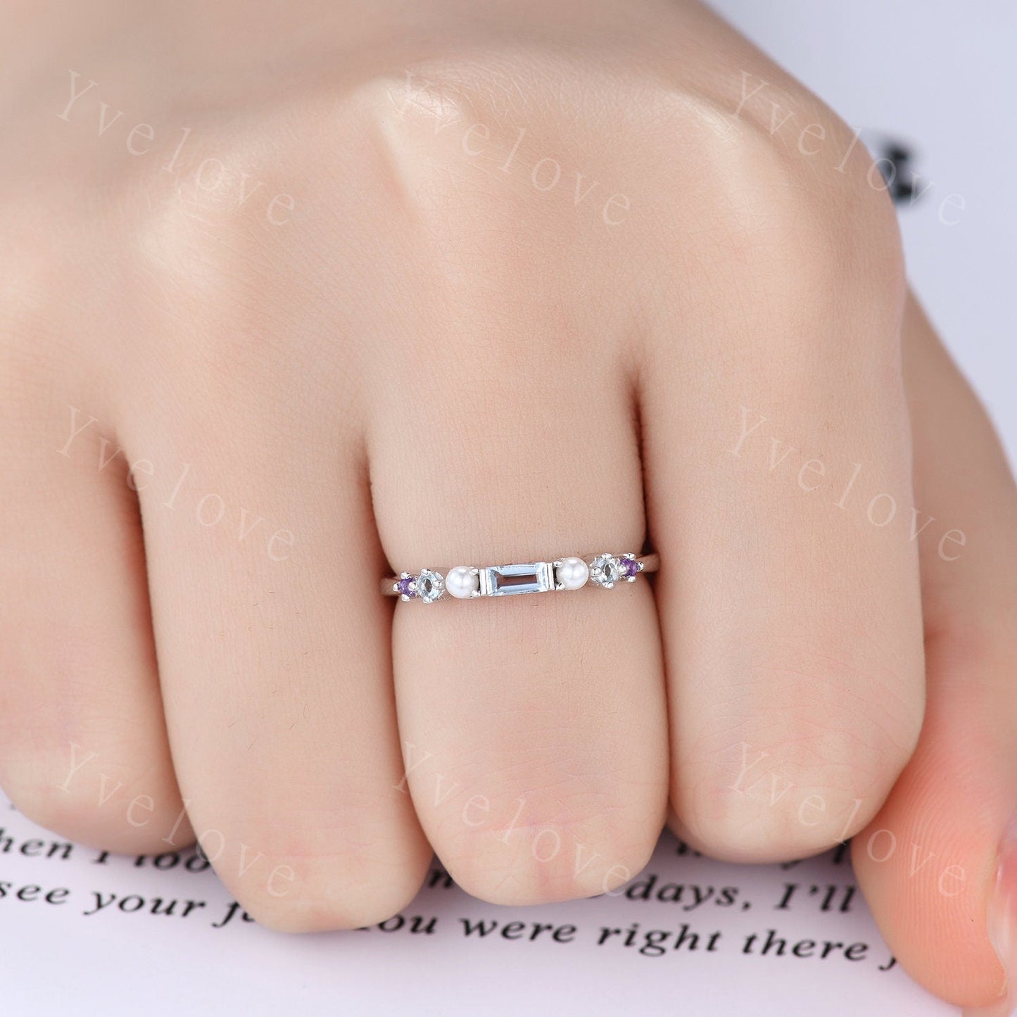Danity Baguette aquamarine band minimalist ring natural pearl amethyst wedding band women stacking matching band white gold custom ring gift
