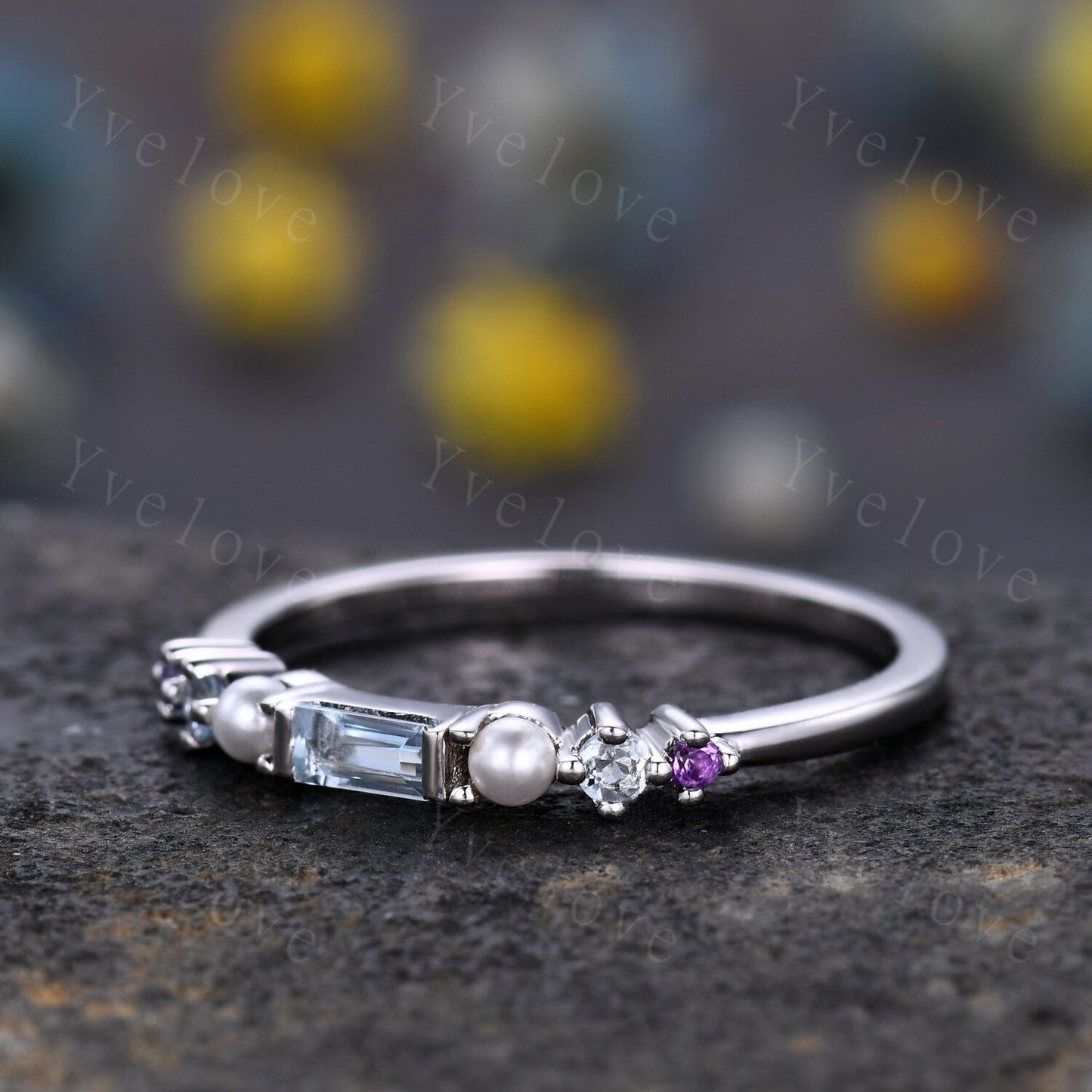 Danity Baguette aquamarine band minimalist ring natural pearl amethyst wedding band women stacking matching band white gold custom ring gift