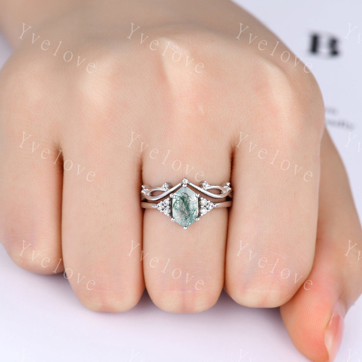 Retro Long hexagon Moss Agate Ring,Vintage Sterling Silver Ring Set,Unique Agate Engagement Ring,Promise Ring,Anniversary Ring Gift For Her