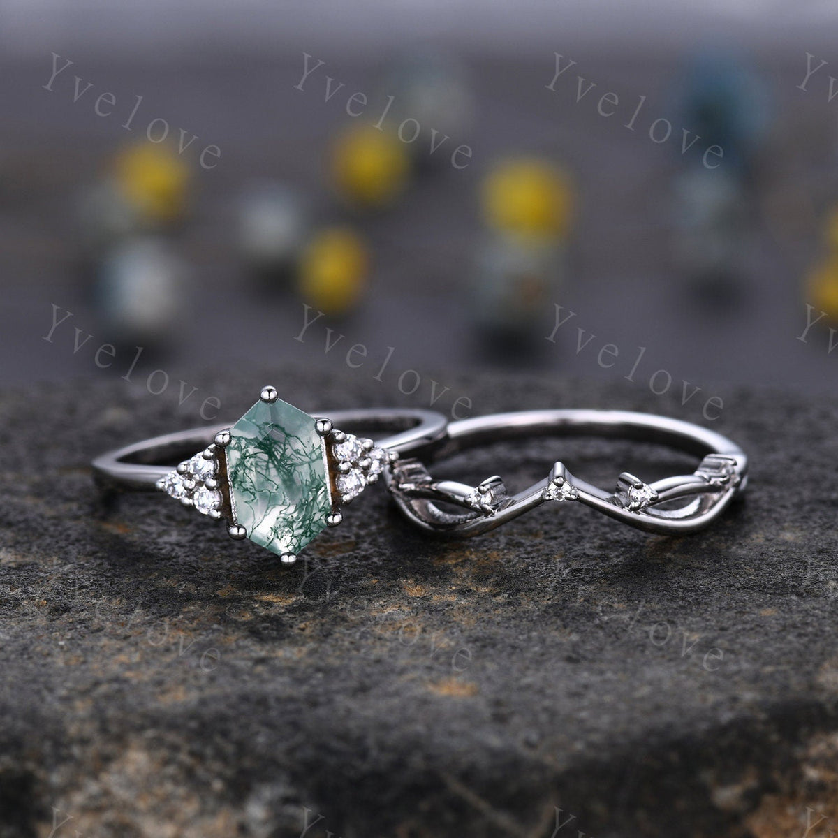 Retro Long hexagon Moss Agate Ring,Vintage Sterling Silver Ring Set,Unique Agate Engagement Ring,Promise Ring,Anniversary Ring Gift For Her