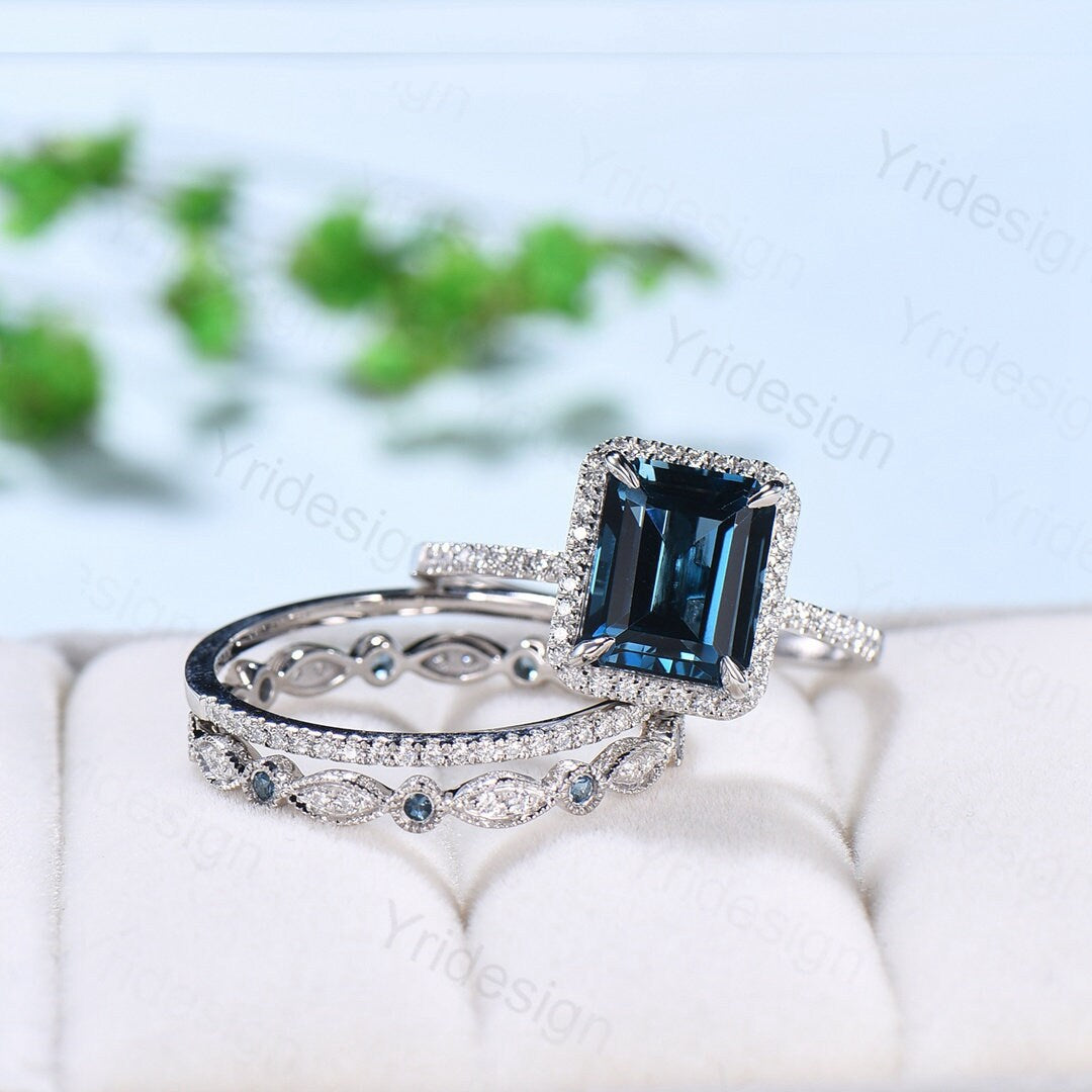 Emerald cut London Blue Topaz Engagement Ring Solid 14k White gold Halo diamond topaz bridal set art deco bridal wedding ring set for women