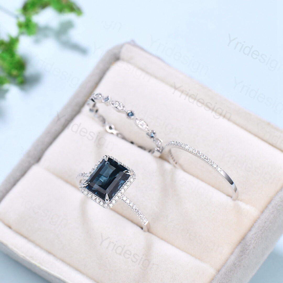 Emerald cut London Blue Topaz Engagement Ring Solid 14k White gold Halo diamond topaz bridal set art deco bridal wedding ring set for women