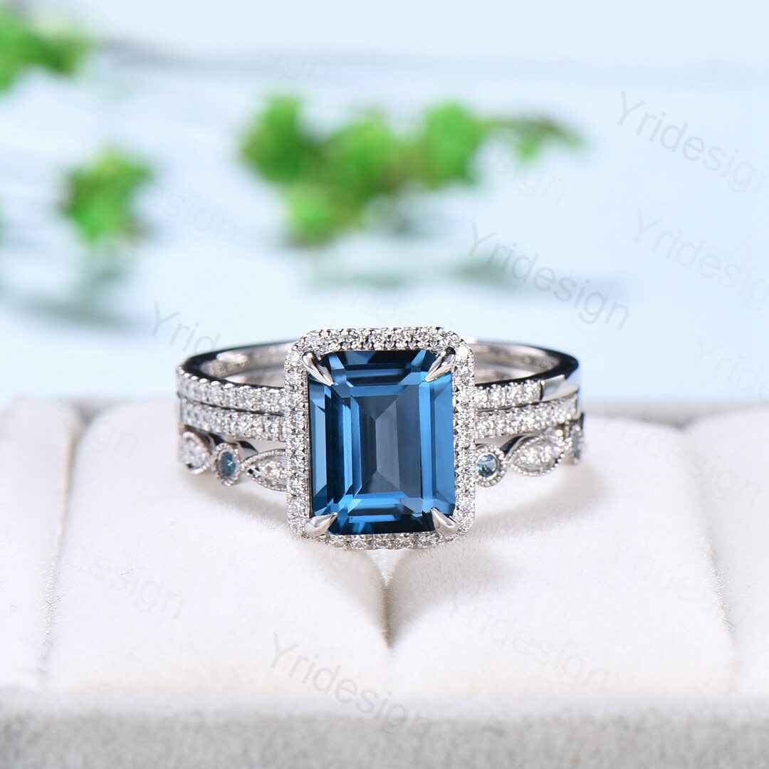 Emerald cut London Blue Topaz Engagement Ring Solid 14k White gold Halo diamond topaz bridal set art deco bridal wedding ring set for women