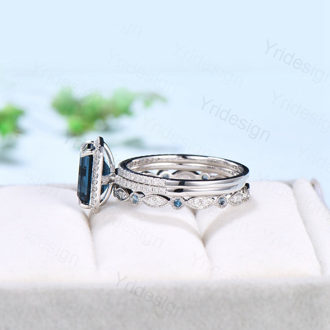 Emerald cut London Blue Topaz Engagement Ring Solid 14k White gold Halo diamond topaz bridal set art deco bridal wedding ring set for women
