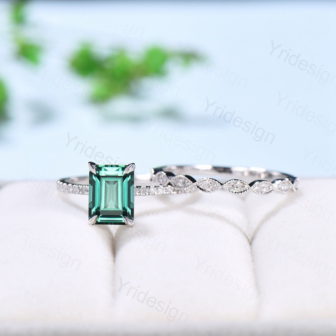 Emerald Cut Lab Green Sapphire Engagement Ring Set, White Gold