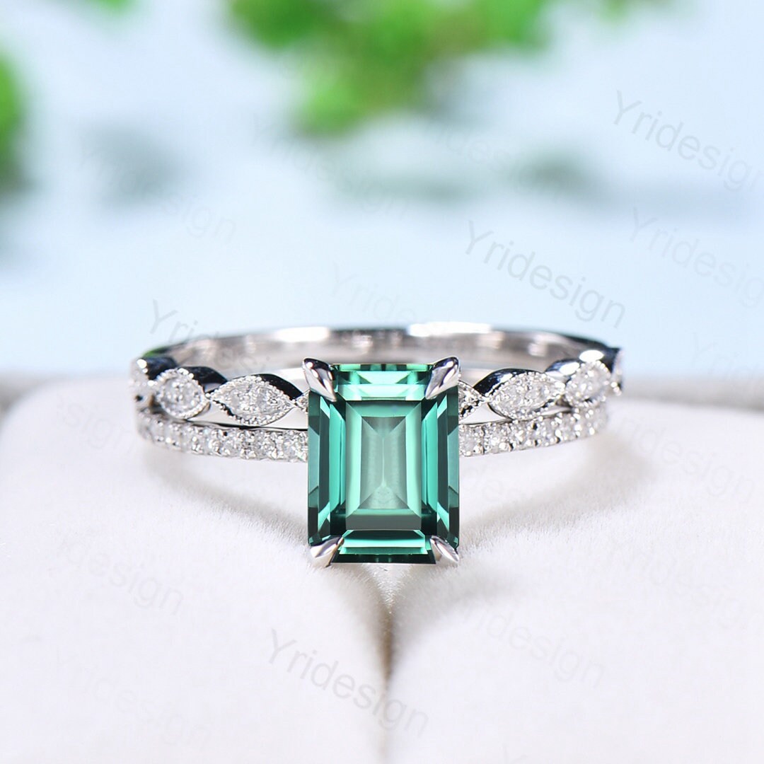 Emerald Cut Lab Green Sapphire Engagement Ring Set, White Gold
