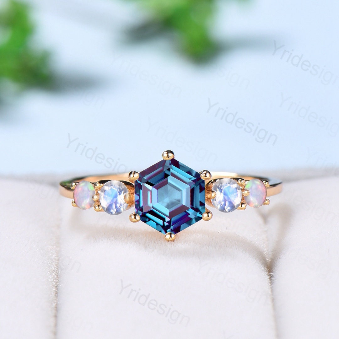 Vintage Alexandrite Engagement Ring Hexagon Cut Five Stone Promise Ring Accent Moss Agate/Emerald/Ruby/Amethyst/Opal Moonstone Bridal Ring