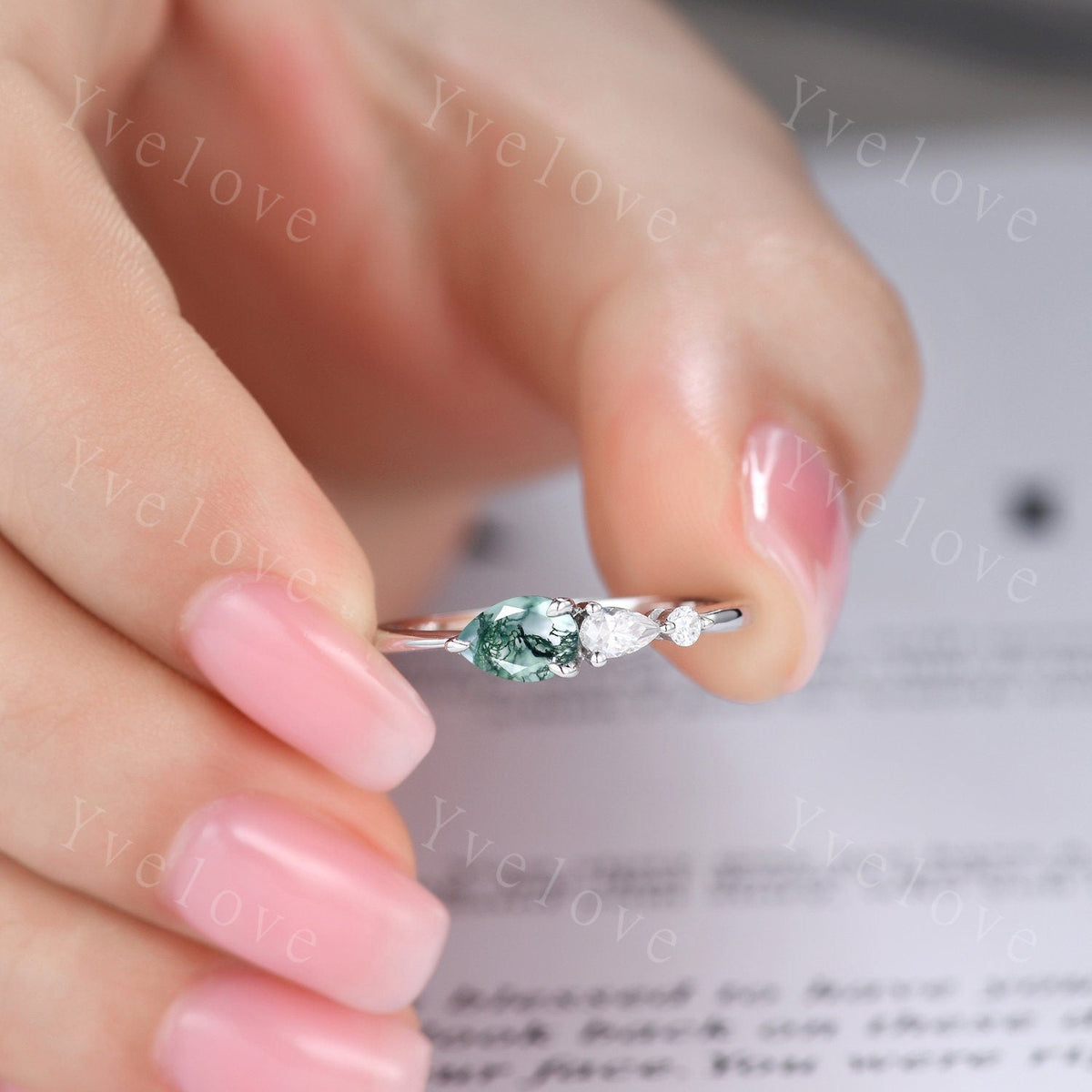 Vintage Moss Agate Ring Engagement Ring,Pear Cut Gems,Art Deco Moissanite Wedding Band,3 Stone Unique Women Bridal Promise Ring,Rose gold
