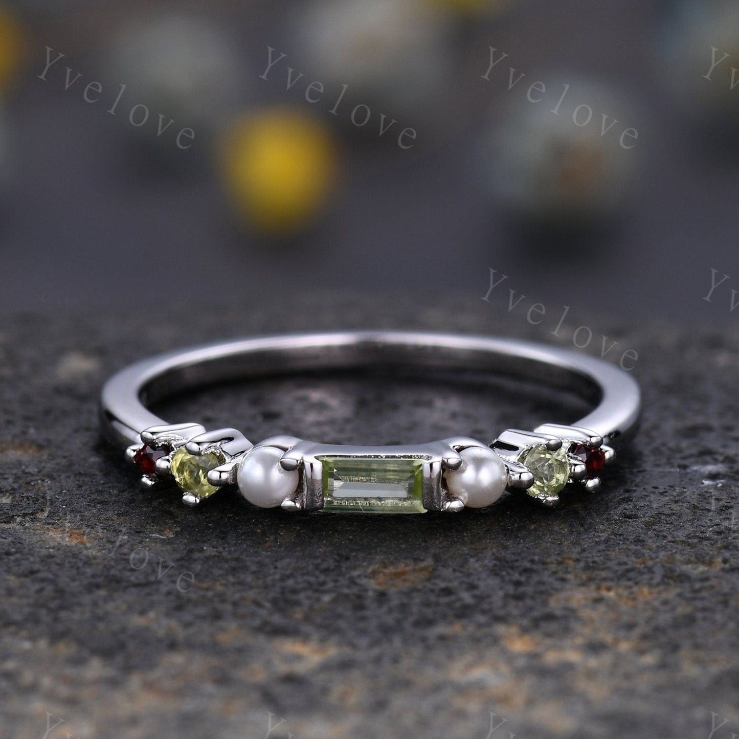 Minimalist Baguette shaped peridot band dainty pearl red garnet wedding band women stackable matching ring gold plated personalized gift