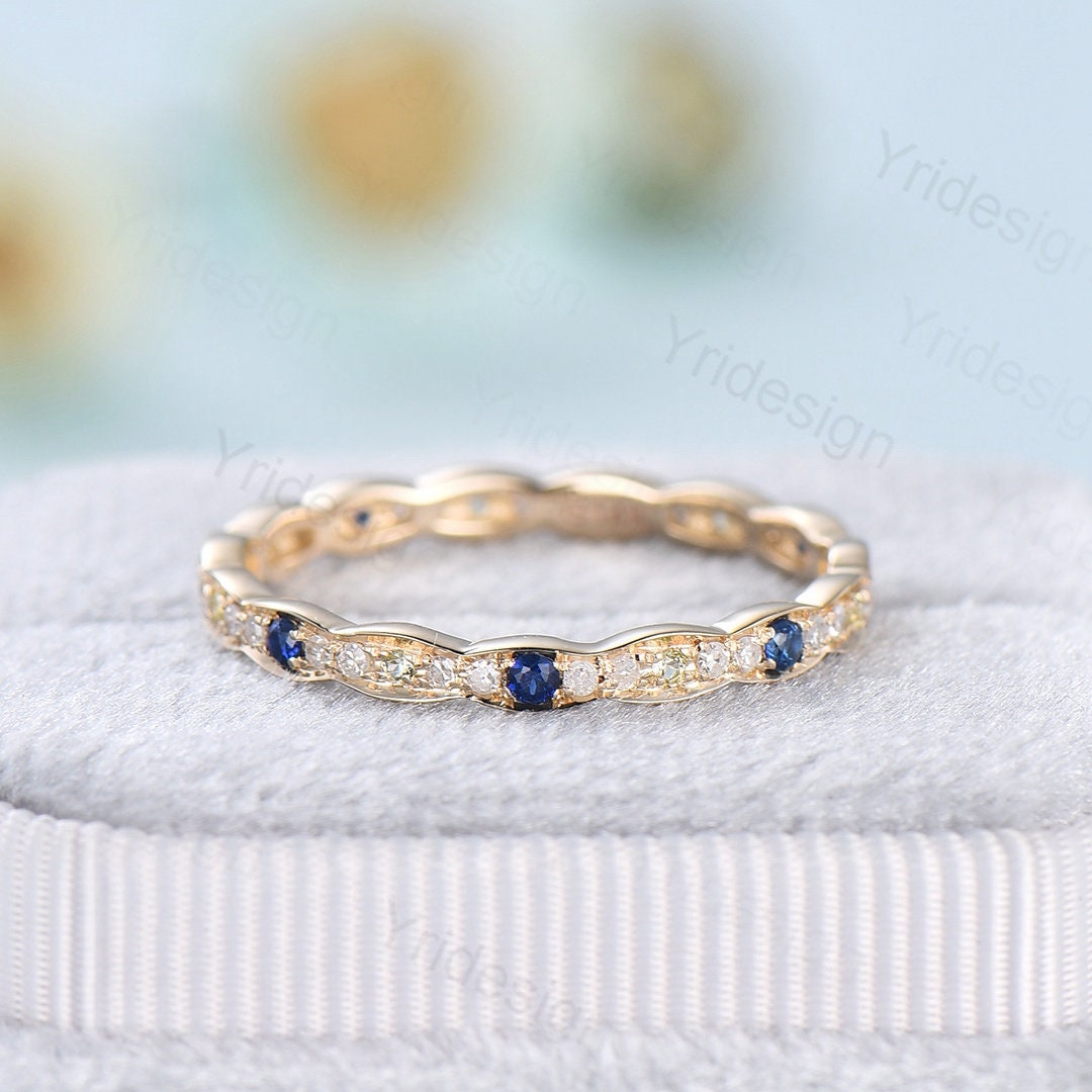 Sapphire peridot diamond wedding ring band solid 14K 18k yellow gold full eternity diamond stacking matching band art deco engagement  ring