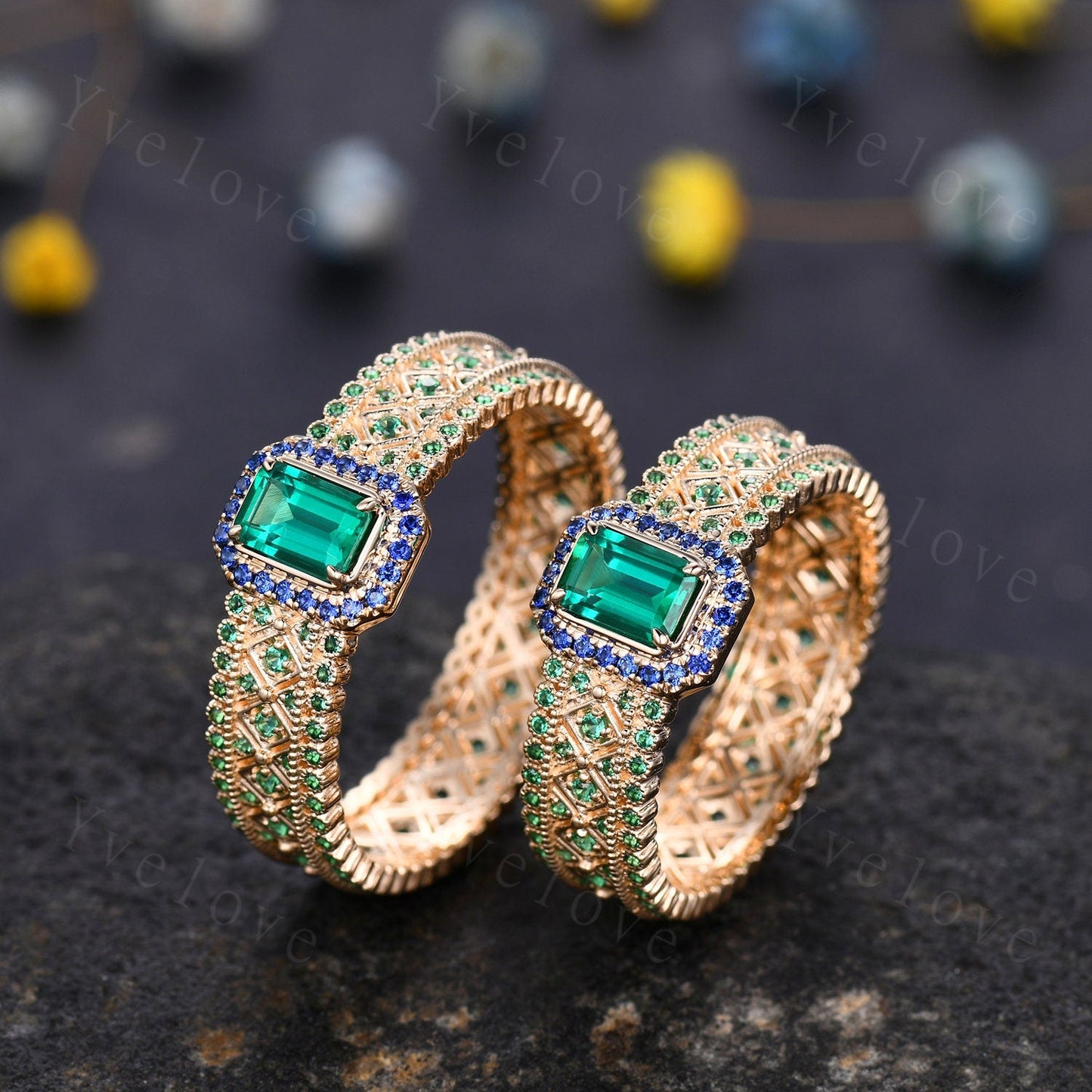 Fancy Emerald Engagement Ring Sapphire Wedding Band Emerald Gemstone Bridal Ring 14k Gold Men's Statement Ring Anniversary Ring Gift