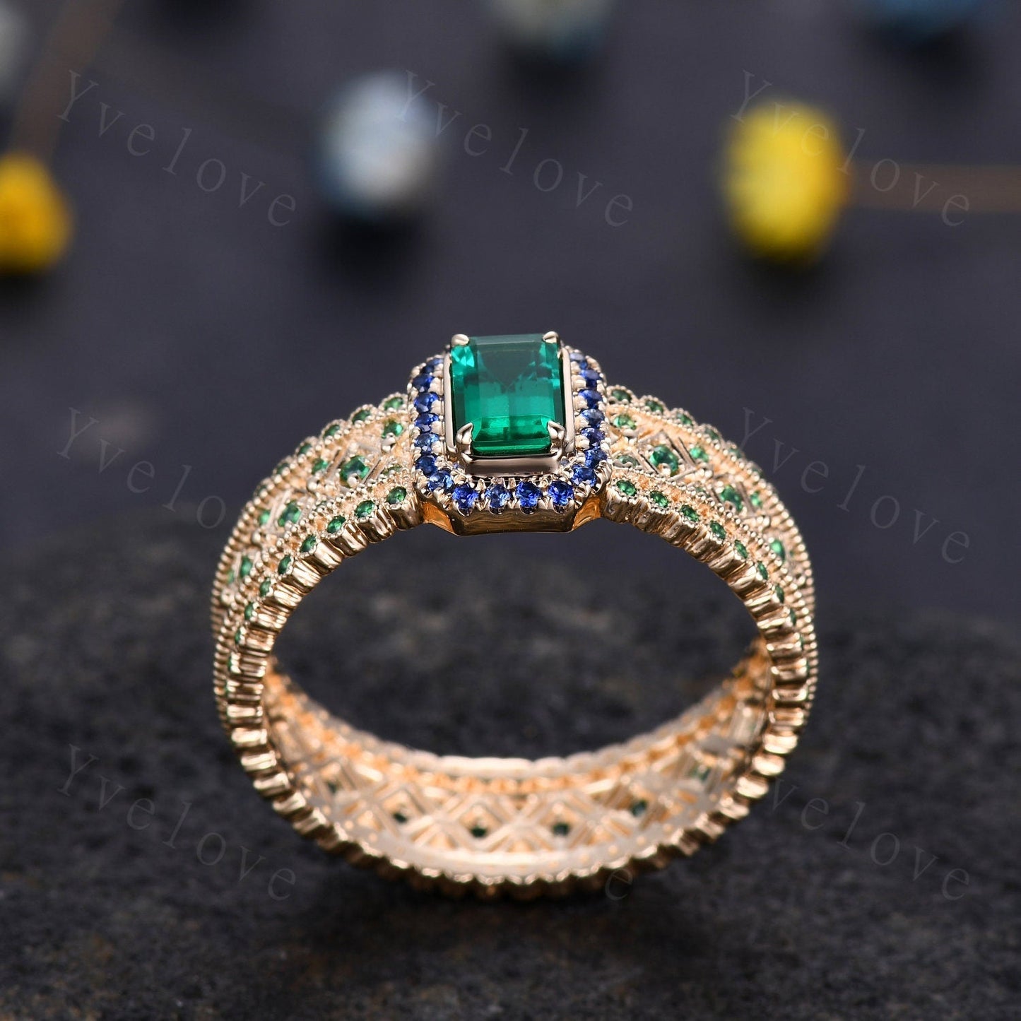 Fancy Emerald Engagement Ring Sapphire Wedding Band Emerald Gemstone Bridal Ring 14k Gold Men's Statement Ring Anniversary Ring Gift