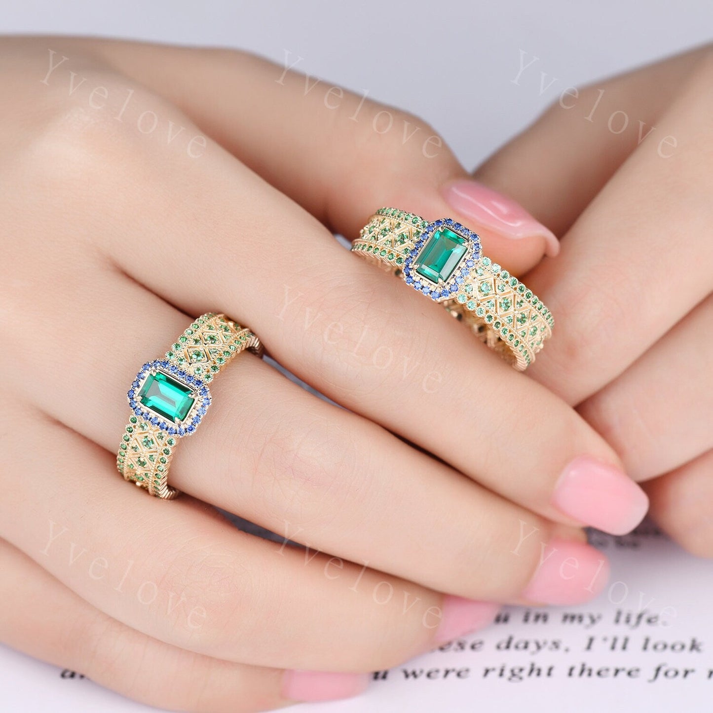 Fancy Emerald Engagement Ring Sapphire Wedding Band Emerald Gemstone Bridal Ring 14k Gold Men's Statement Ring Anniversary Ring Gift