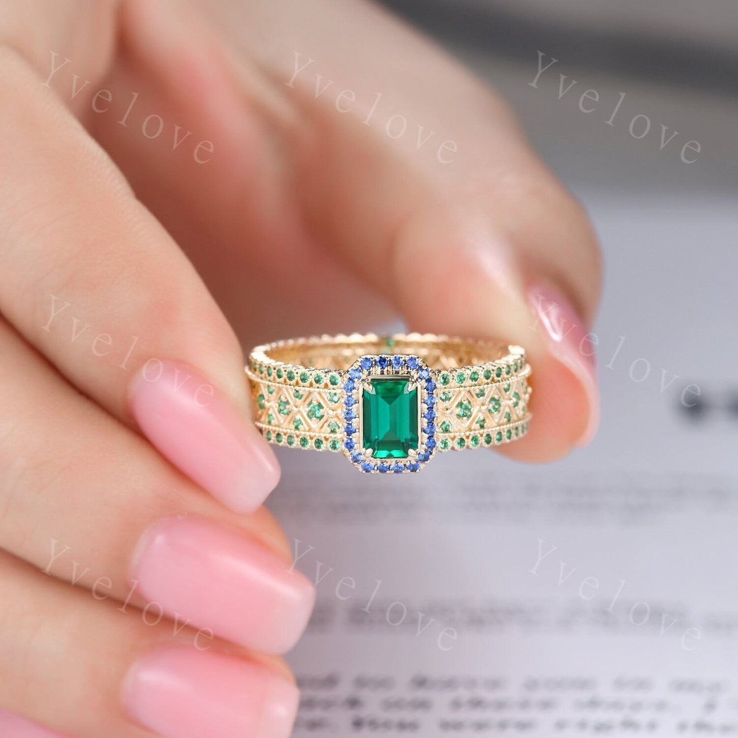 Fancy Emerald Engagement Ring Sapphire Wedding Band Emerald Gemstone Bridal Ring 14k Gold Men's Statement Ring Anniversary Ring Gift