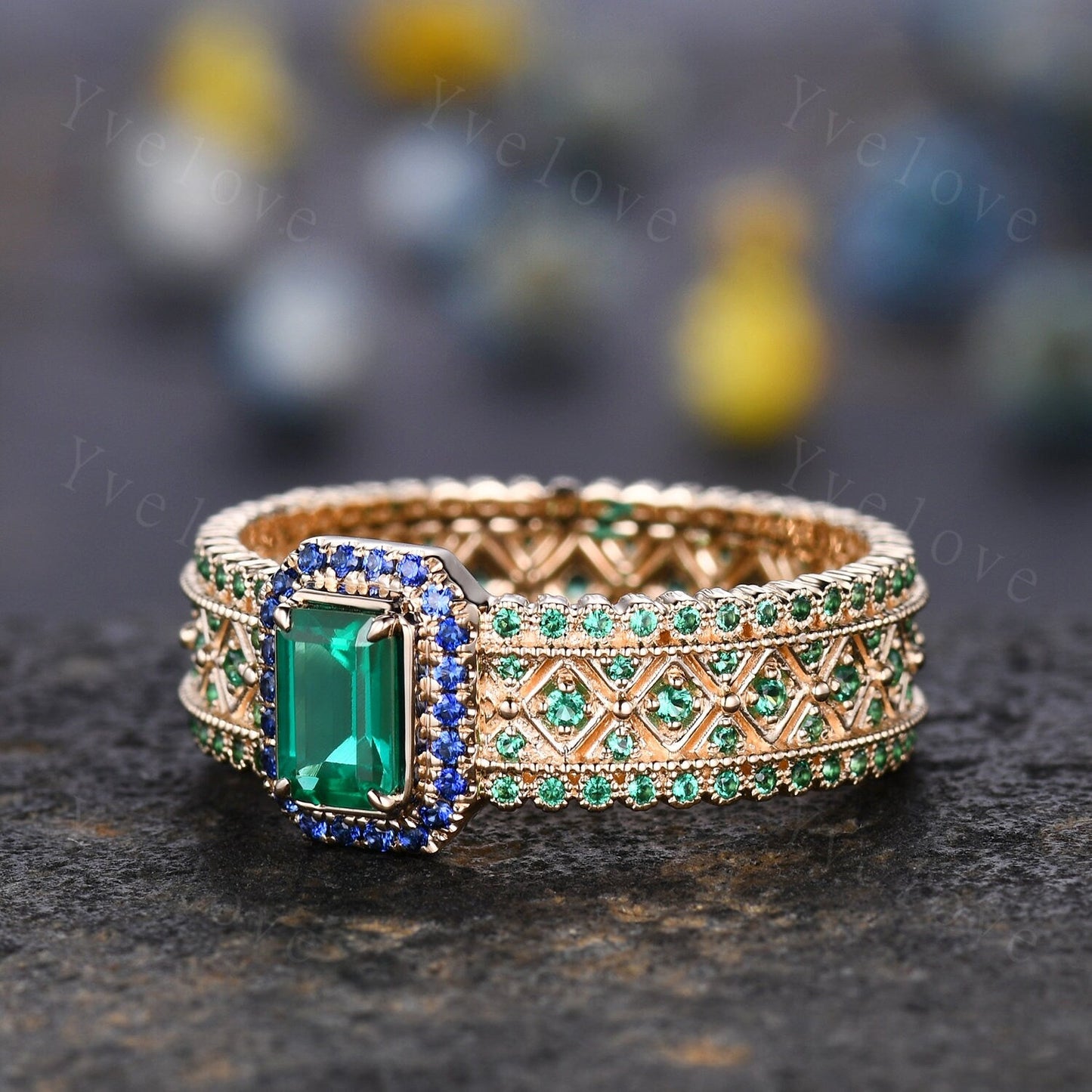 Fancy Emerald Engagement Ring Sapphire Wedding Band Emerald Gemstone Bridal Ring 14k Gold Men's Statement Ring Anniversary Ring Gift