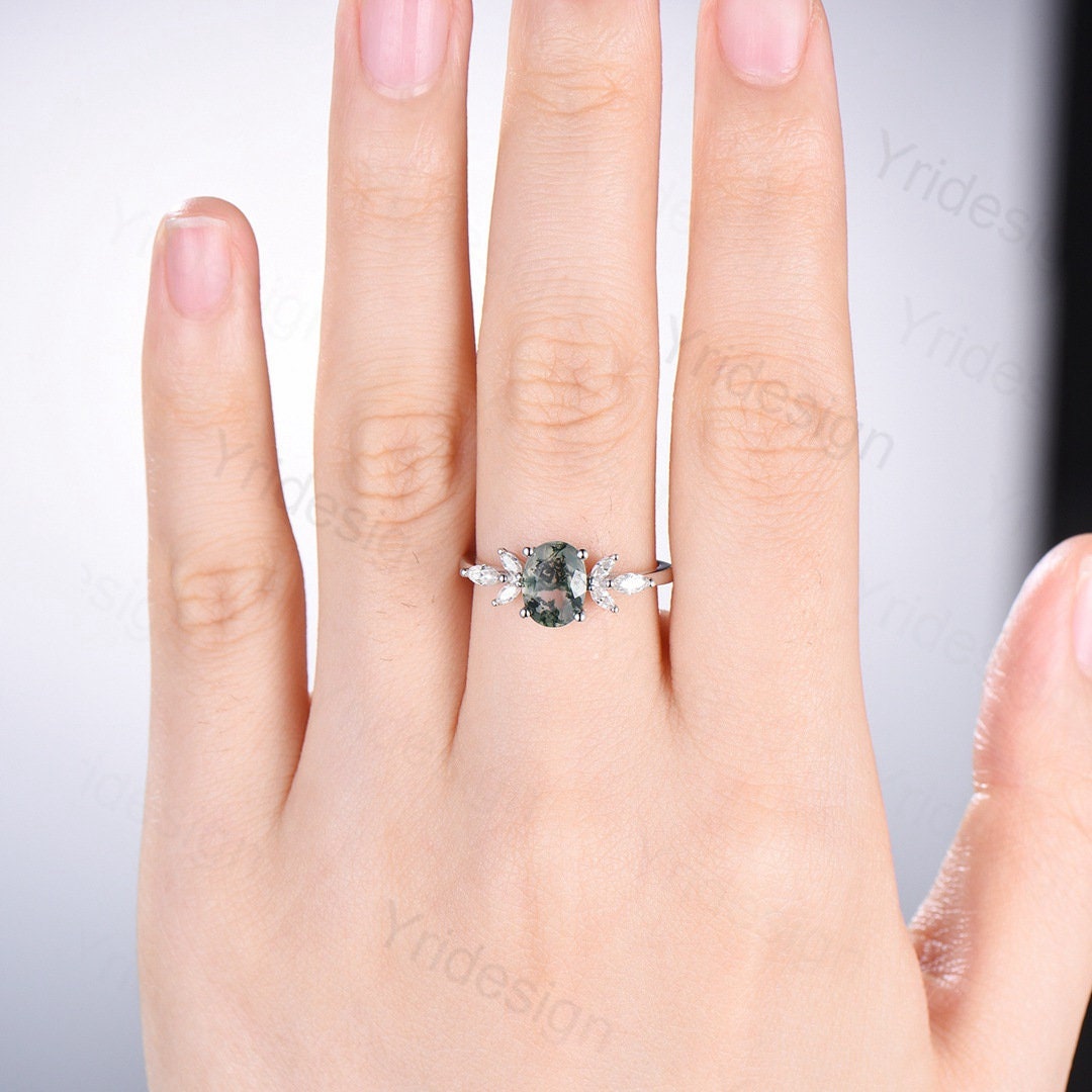 1.5CT Oval Natural Moss Agate Engagement Ring Cluster Diamond Green Agate Wedding Ring Art Deco Vintage Retro Green Crystal Anniversary Ring