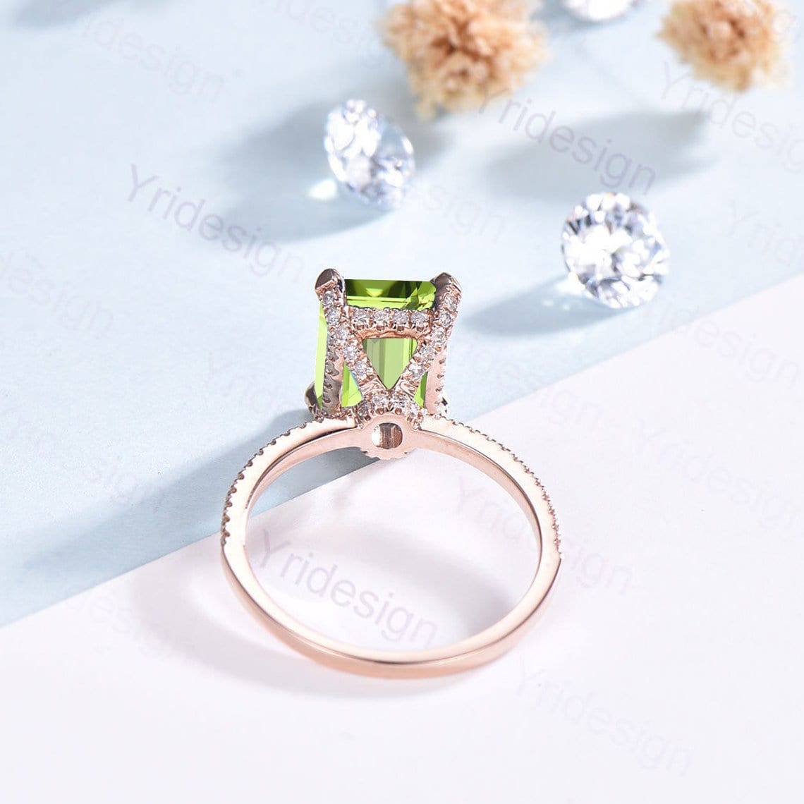 Vintage Emerald Cut Peridot Engagement Ring Set Hidden Halo Basket 3CT Peridot Eternity Bridal Ring Women Rose Gold Anniversary Wedding Set