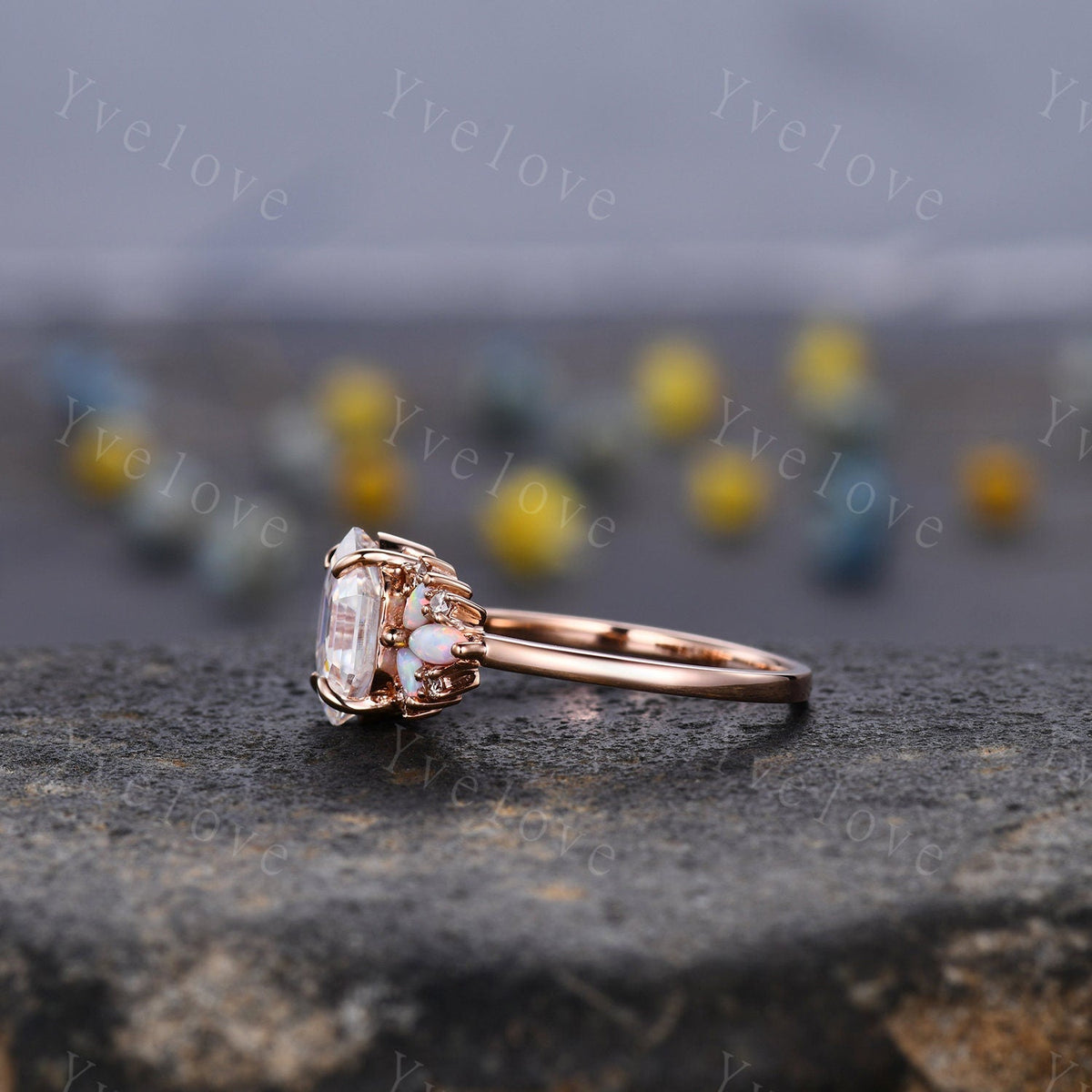 Vintage Hexagon Moissanite Opal engagement ring,Unique Marquise Opal Ring,Cluster Ring,Rose Gold,Women Bridal Wedding Band,Statement Ring