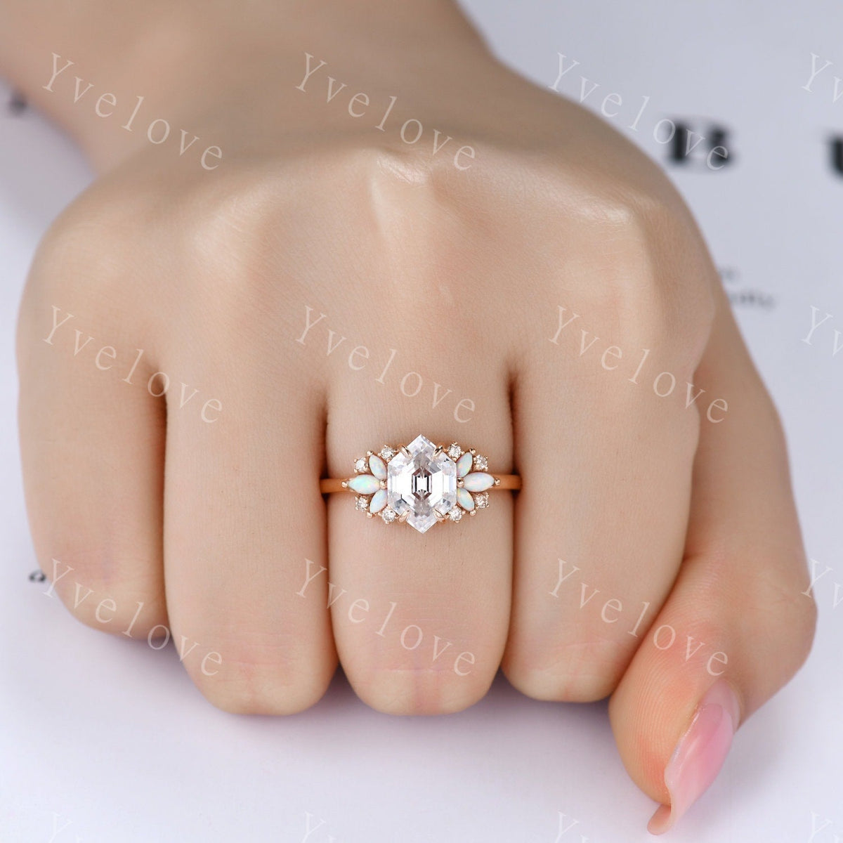 Vintage Hexagon Moissanite Opal engagement ring,Unique Marquise Opal Ring,Cluster Ring,Rose Gold,Women Bridal Wedding Band,Statement Ring