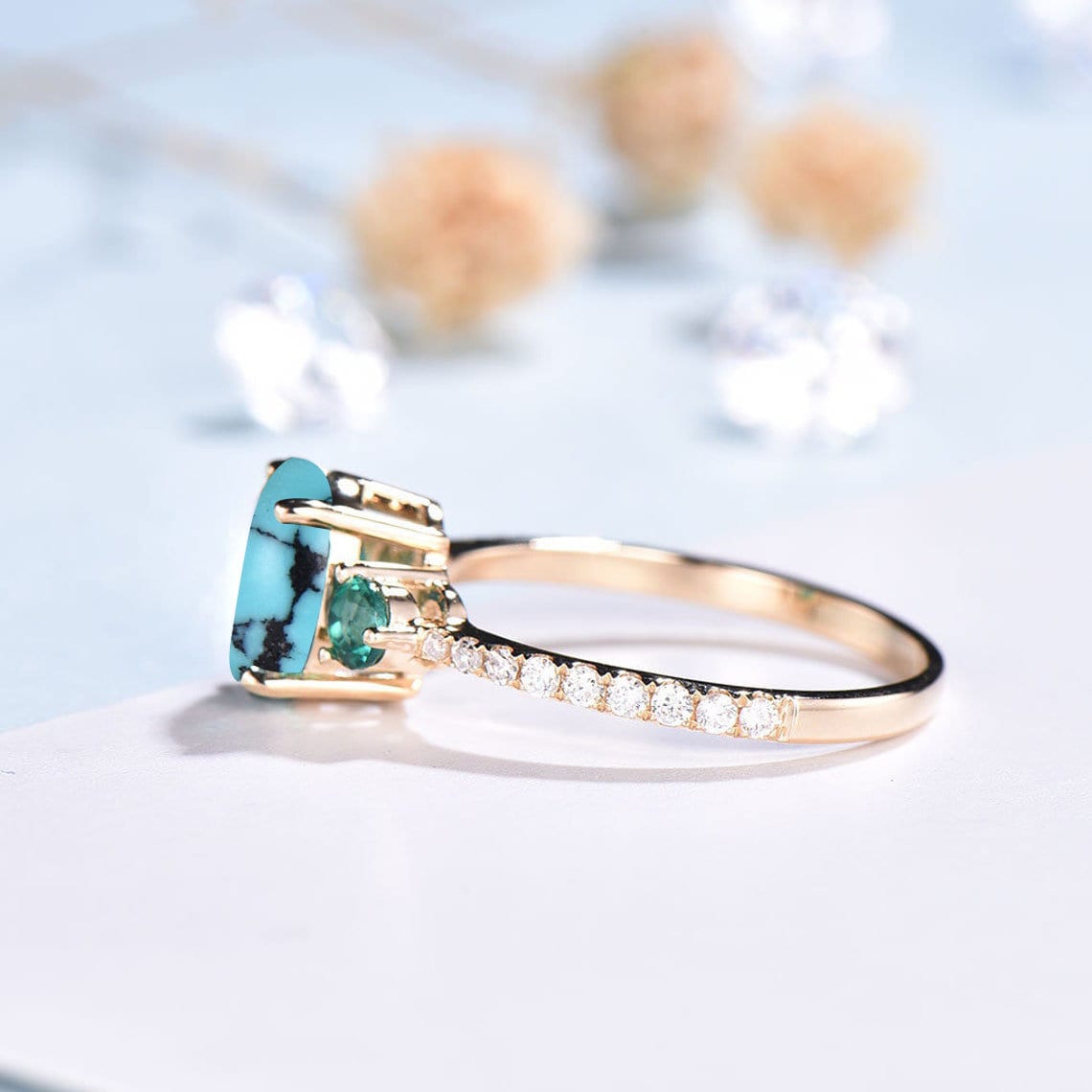 Oval Turquoise Engagement Ring, Emerald Diamond Three Stone Bridal Ring