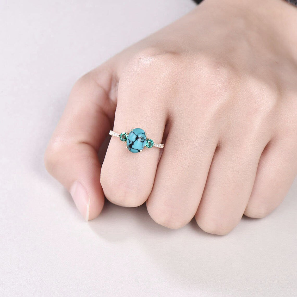 Oval Turquoise Engagement Ring, Emerald Diamond Three Stone Bridal Ring