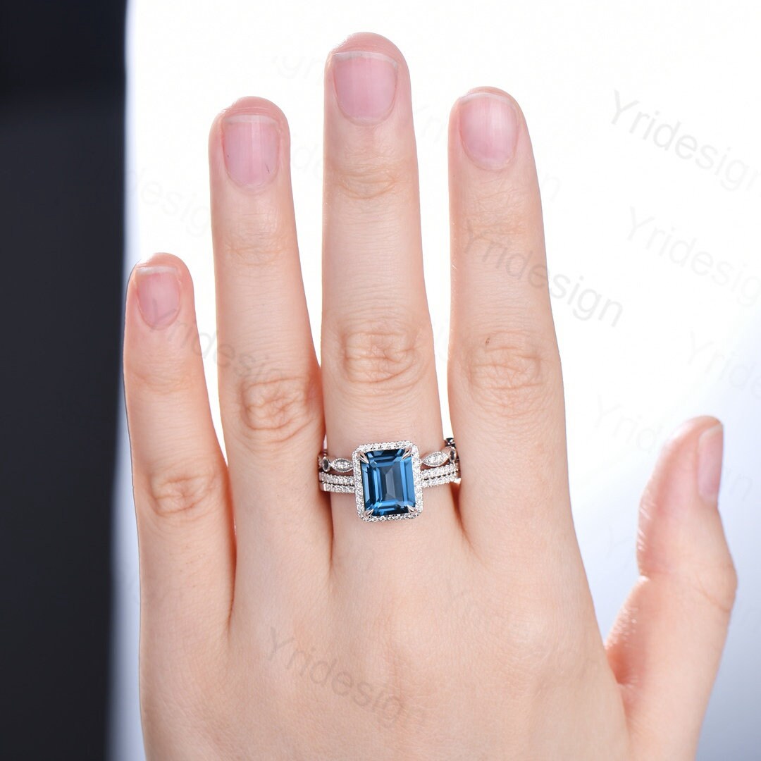 Emerald cut London Blue Topaz Engagement Ring Solid 14k White gold Halo diamond topaz bridal set art deco bridal wedding ring set for women
