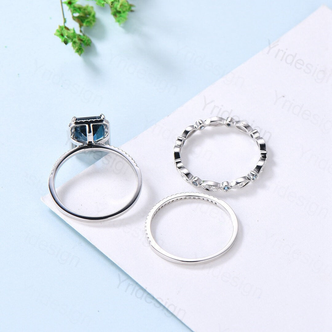 Emerald cut London Blue Topaz Engagement Ring Solid 14k White gold Halo diamond topaz bridal set art deco bridal wedding ring set for women