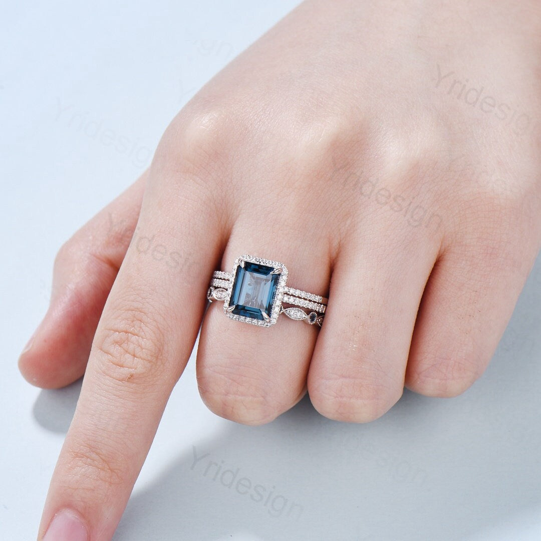 Emerald cut London Blue Topaz Engagement Ring Solid 14k White gold Halo diamond topaz bridal set art deco bridal wedding ring set for women