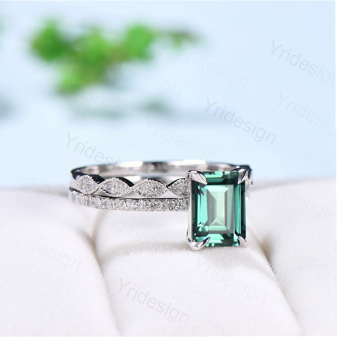 Emerald Cut Lab Green Sapphire Engagement Ring Set, White Gold