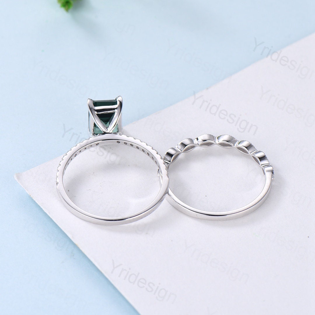 Emerald Cut Lab Green Sapphire Engagement Ring Set, White Gold