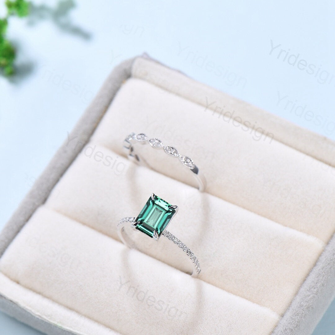 Emerald Cut Lab Green Sapphire Engagement Ring Set, White Gold