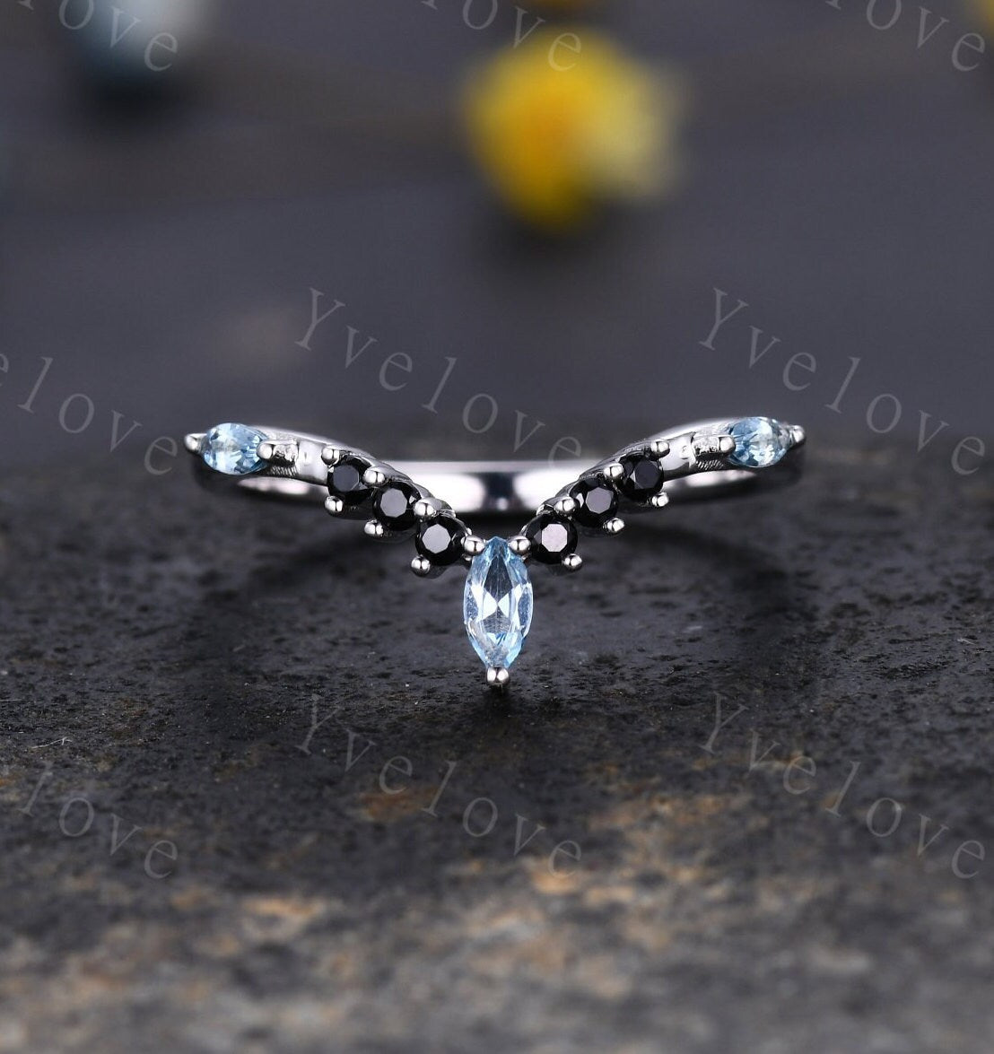 Marquise Aquamarine Wedding band,March Birthstone,Vintage Retro White Gold Ring,Black Spinel Stone,Women V Curved Stacking Band Bridal Gift