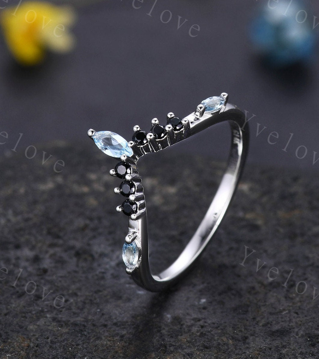 Marquise Aquamarine Wedding band,March Birthstone,Vintage Retro White Gold Ring,Black Spinel Stone,Women V Curved Stacking Band Bridal Gift